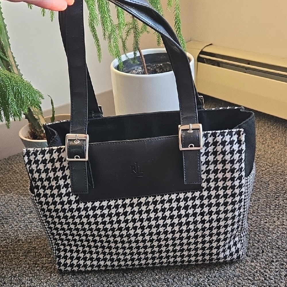 Ralph Lauren Houndstooth Fabric and Leather Tote Bag
